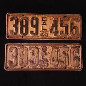 Vintage 1925 California CA License Plate Pair 389-456 YOM DMV Ford Chevy Dodge